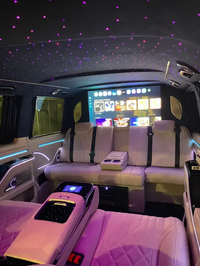 Mercedes Vito VIP iç mekanı: mor yıldızlı tavan, akıllı TV ve deri koltuklar