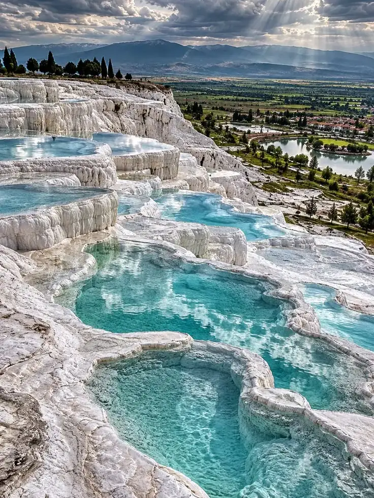 Pamukkale'de turkuaz sularla dolu beyaz traverten havuzları