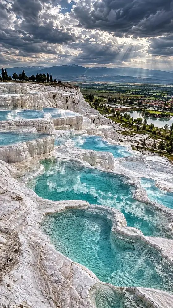 Pamukkale'de turkuaz sularla dolu beyaz traverten havuzları